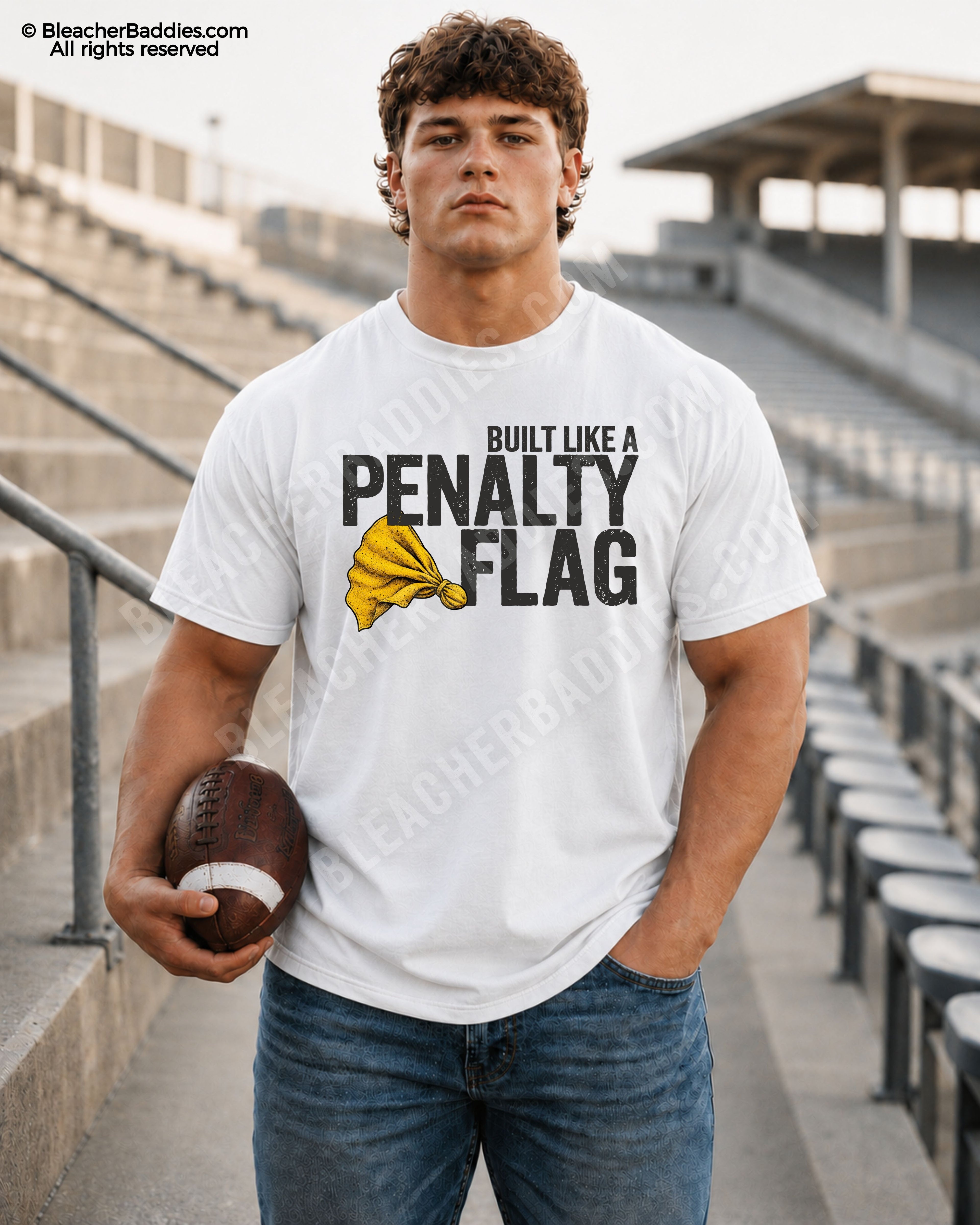 Athletic high school football player model standing in concrete stadium bleachers wearing a WHITE Comfort Colors style shirt with distressed “Built Like A Penalty Flag” design and yellow penalty flag graphic while holding a football.