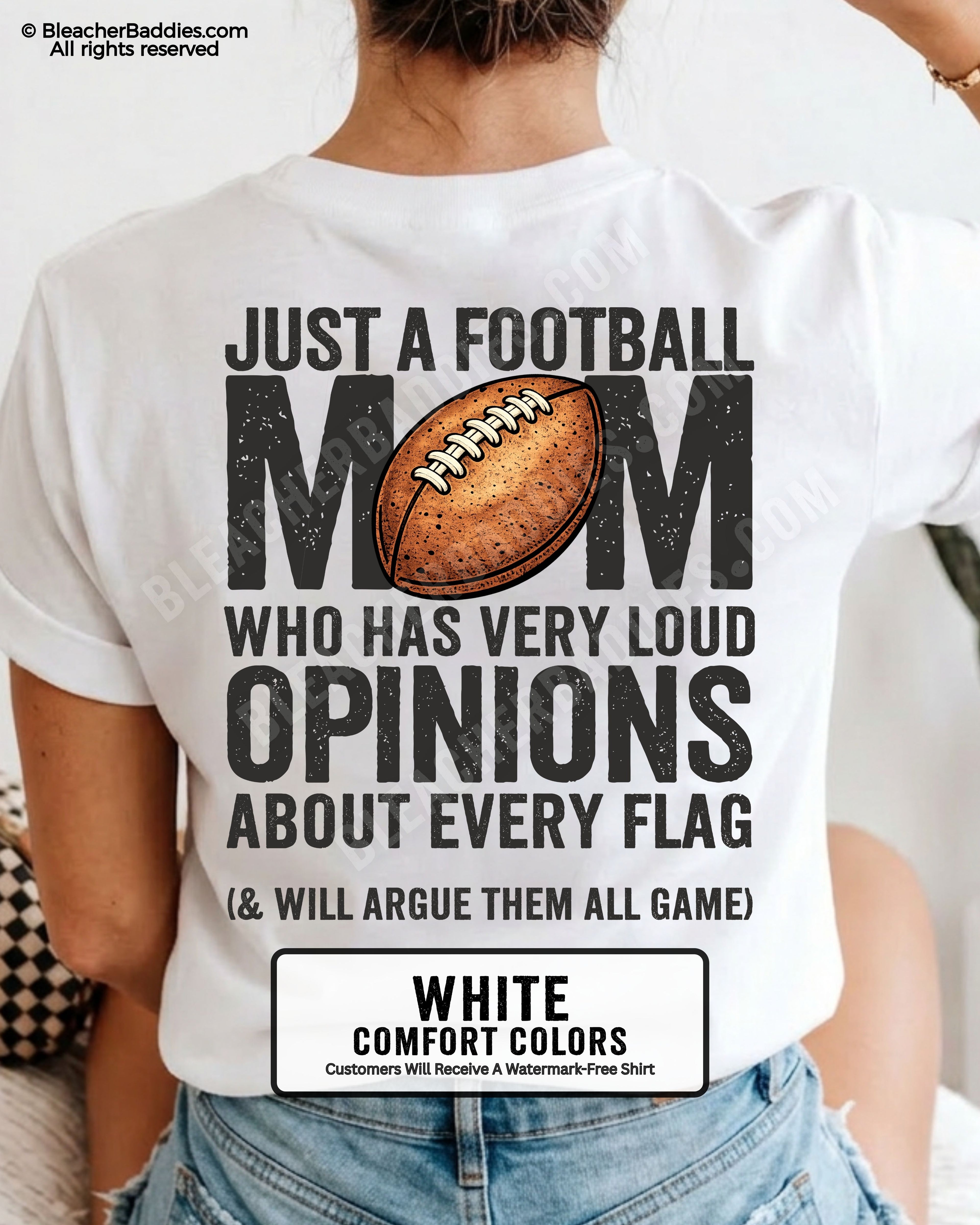 Close-up of white Comfort Colors t-shirt showing back graphic with football illustration and text about loud opinions on every flag