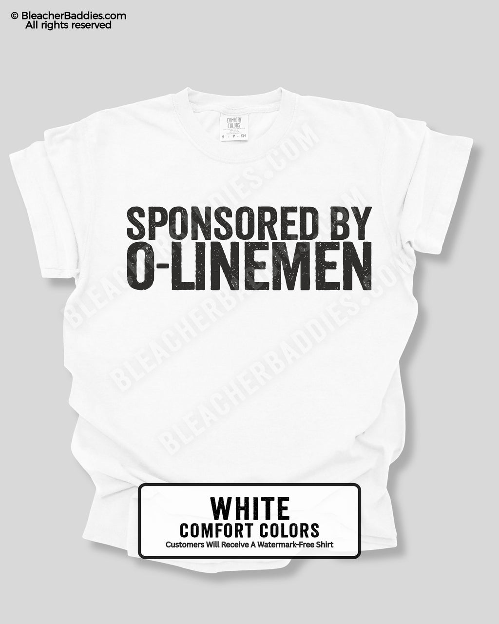 White Comfort Colors quarterback graphic tee with "Sponsored by O-Linemen" design, shown as a flat lay.