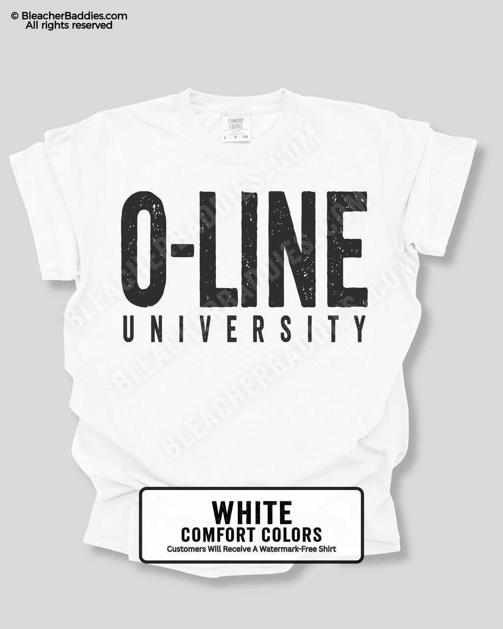 White t-shirt with 'O-Line University' text on a gray background
