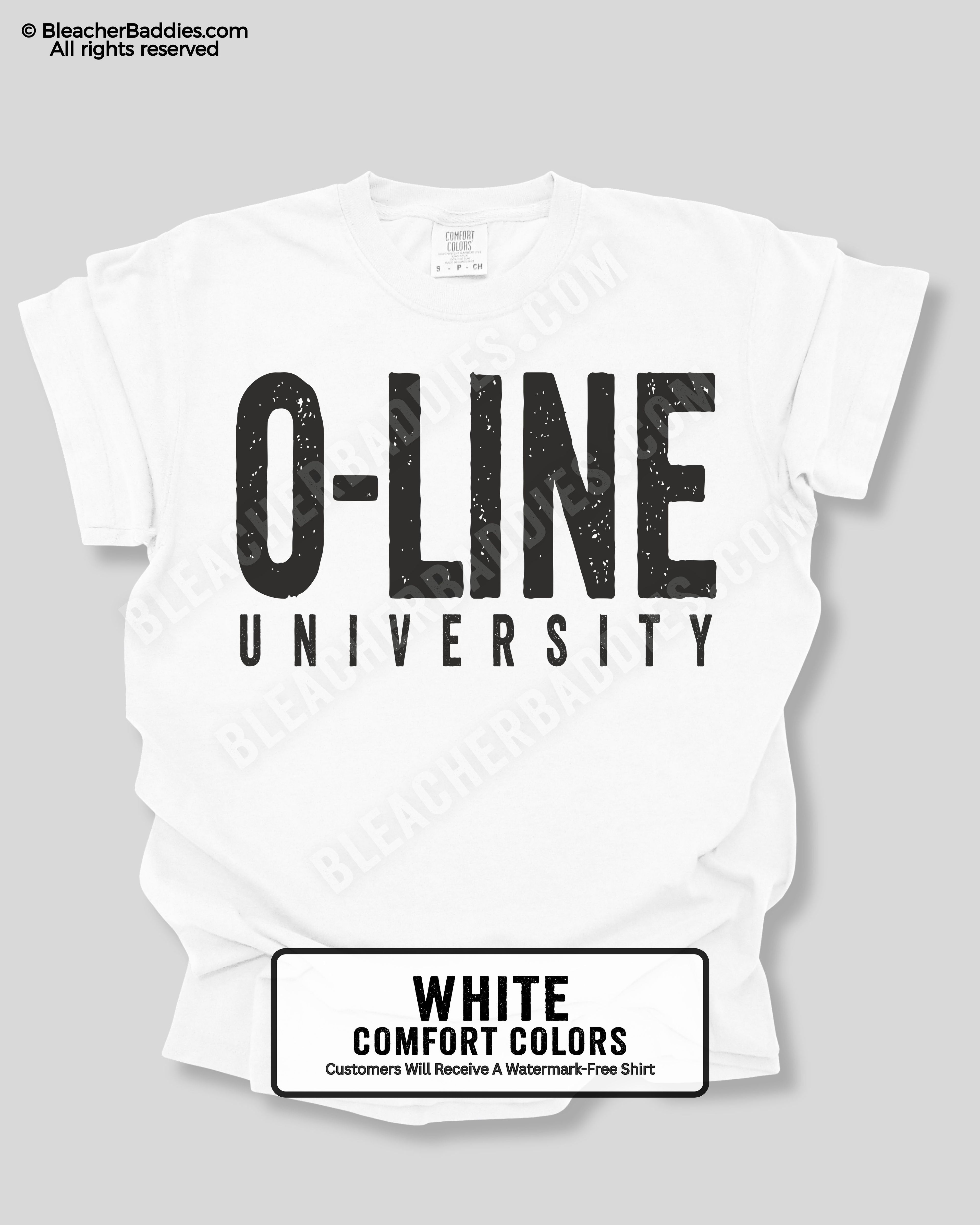 White t-shirt with 'O-Line University' text on a gray background