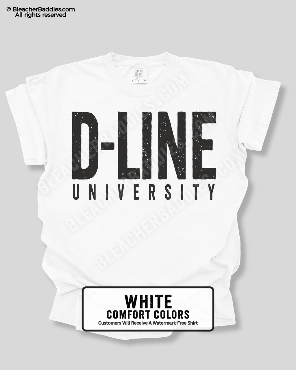 White t-shirt with 'D-LINE UNIVERSITY' text on a gray background