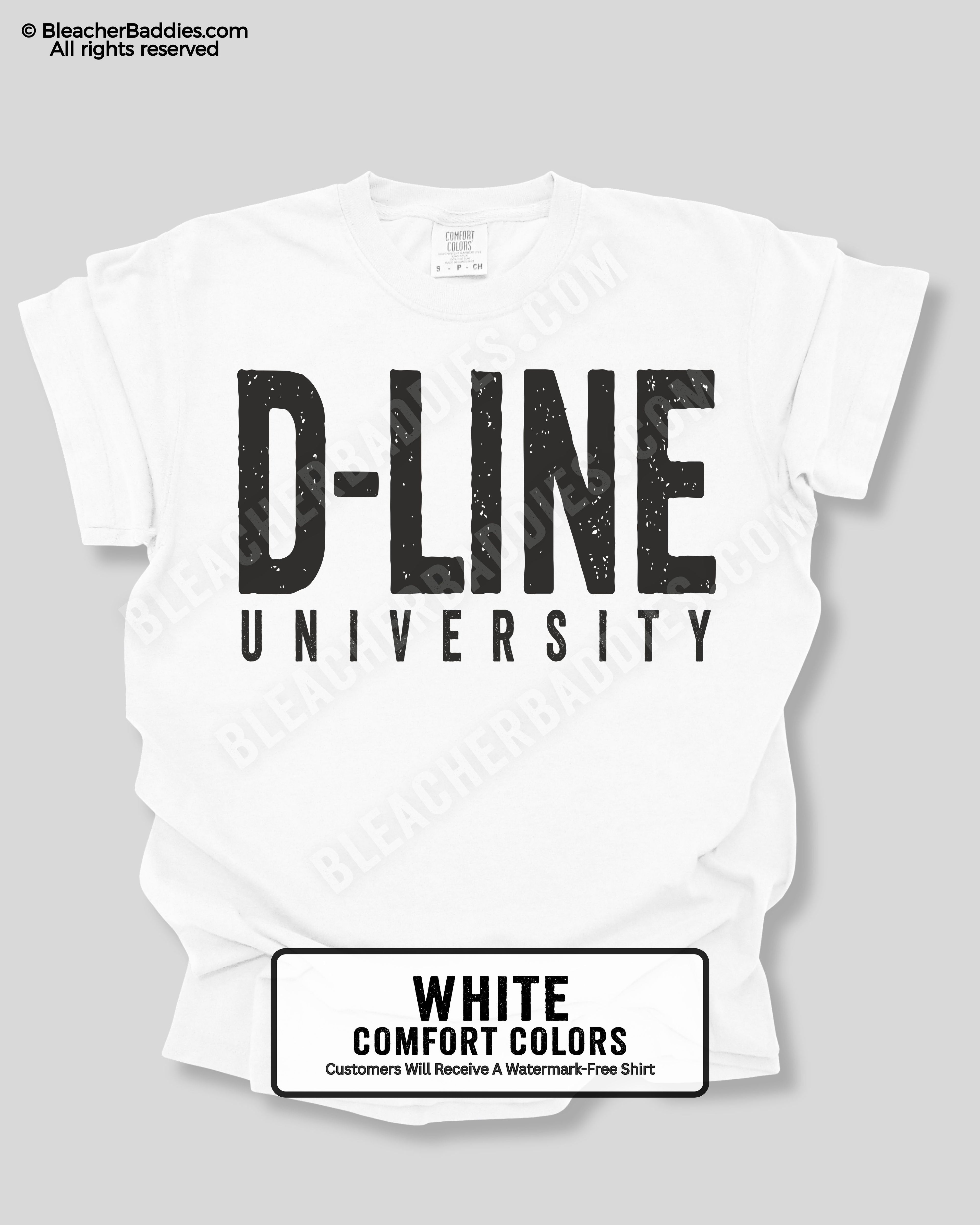 White t-shirt with 'D-LINE UNIVERSITY' text on a gray background