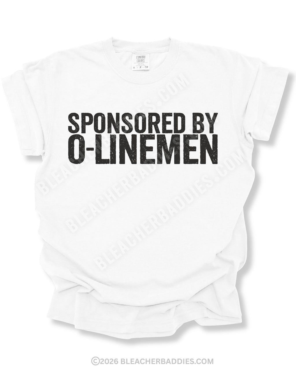 White Comfort Colors quarterback t-shirt featuring the funny "Sponsored by O-Linemen" graphic in distressed lettering.