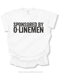 White Comfort Colors quarterback t-shirt featuring the funny "Sponsored by O-Linemen" graphic in distressed lettering.