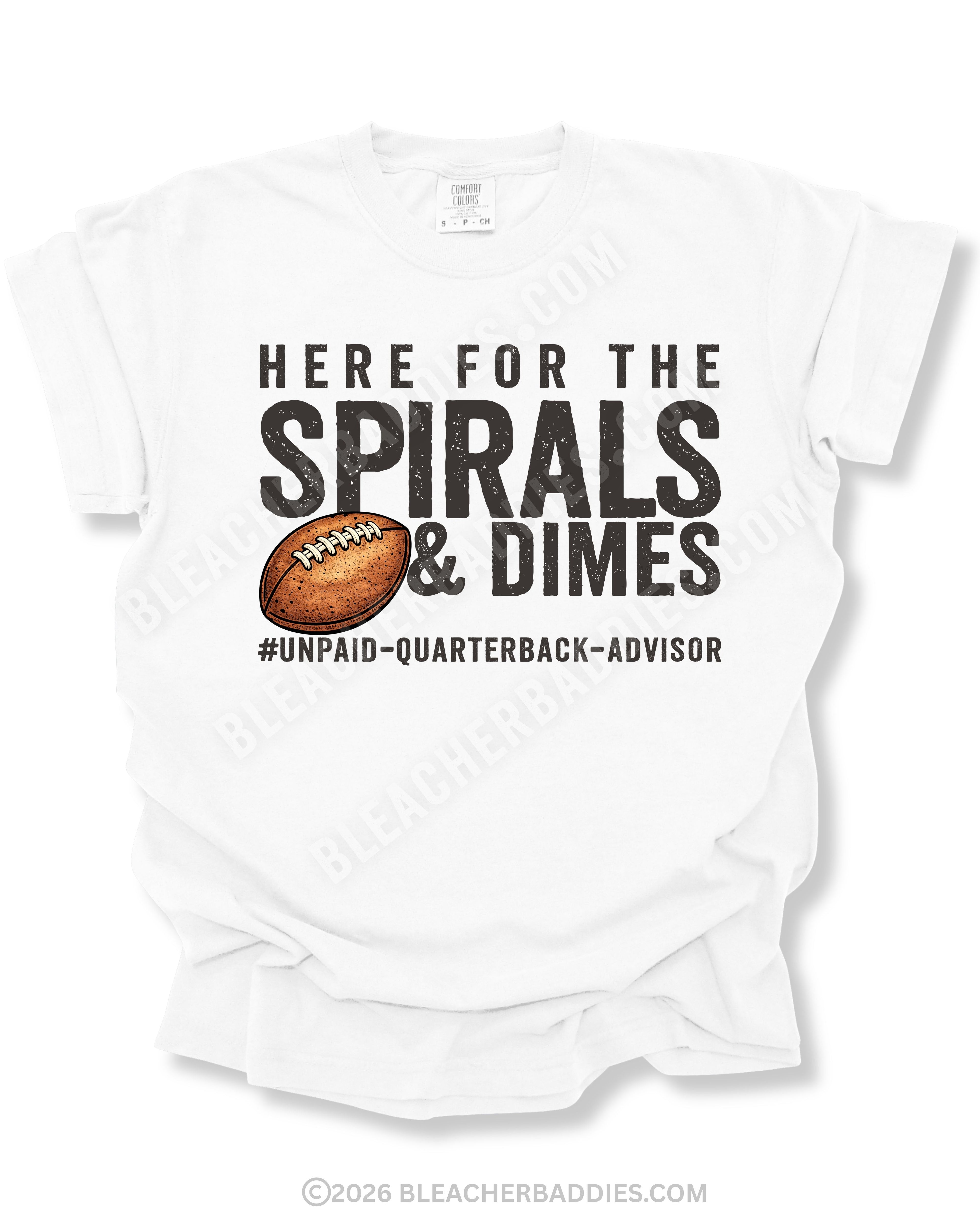 White Comfort Colors football mom shirt featuring the funny "Here for the Spirals & Dimes" quarterback graphic with a football illustration.