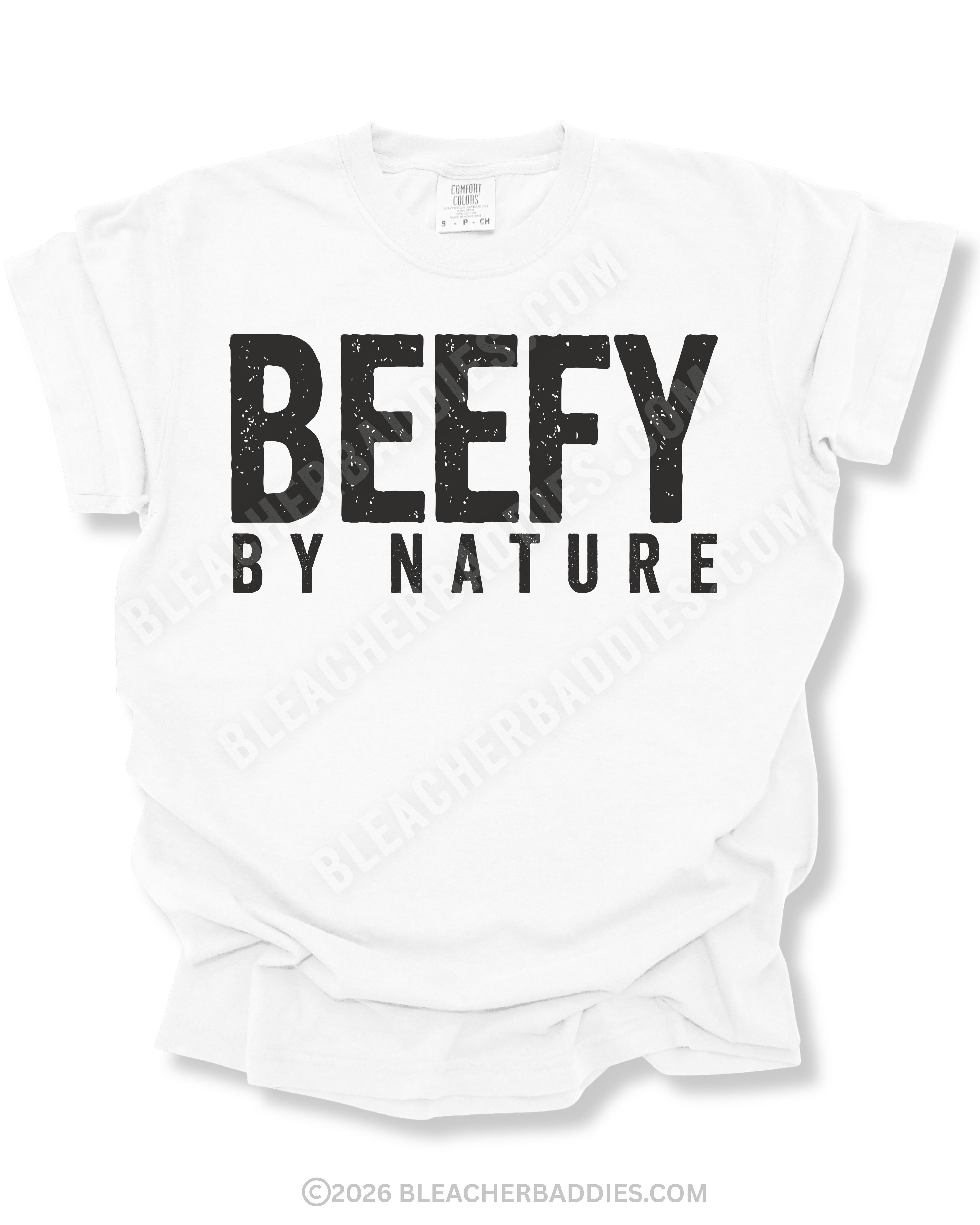 Flat lay mockup of a white Comfort Colors football shirt featuring distressed black text that reads “Beefy By Nature” on a white background.