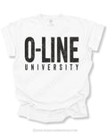 White Comfort Colors football shirt flat lay featuring distressed black text that reads “O-Line University” in oversized distressed-style lettering for offensive linemen and trench players.