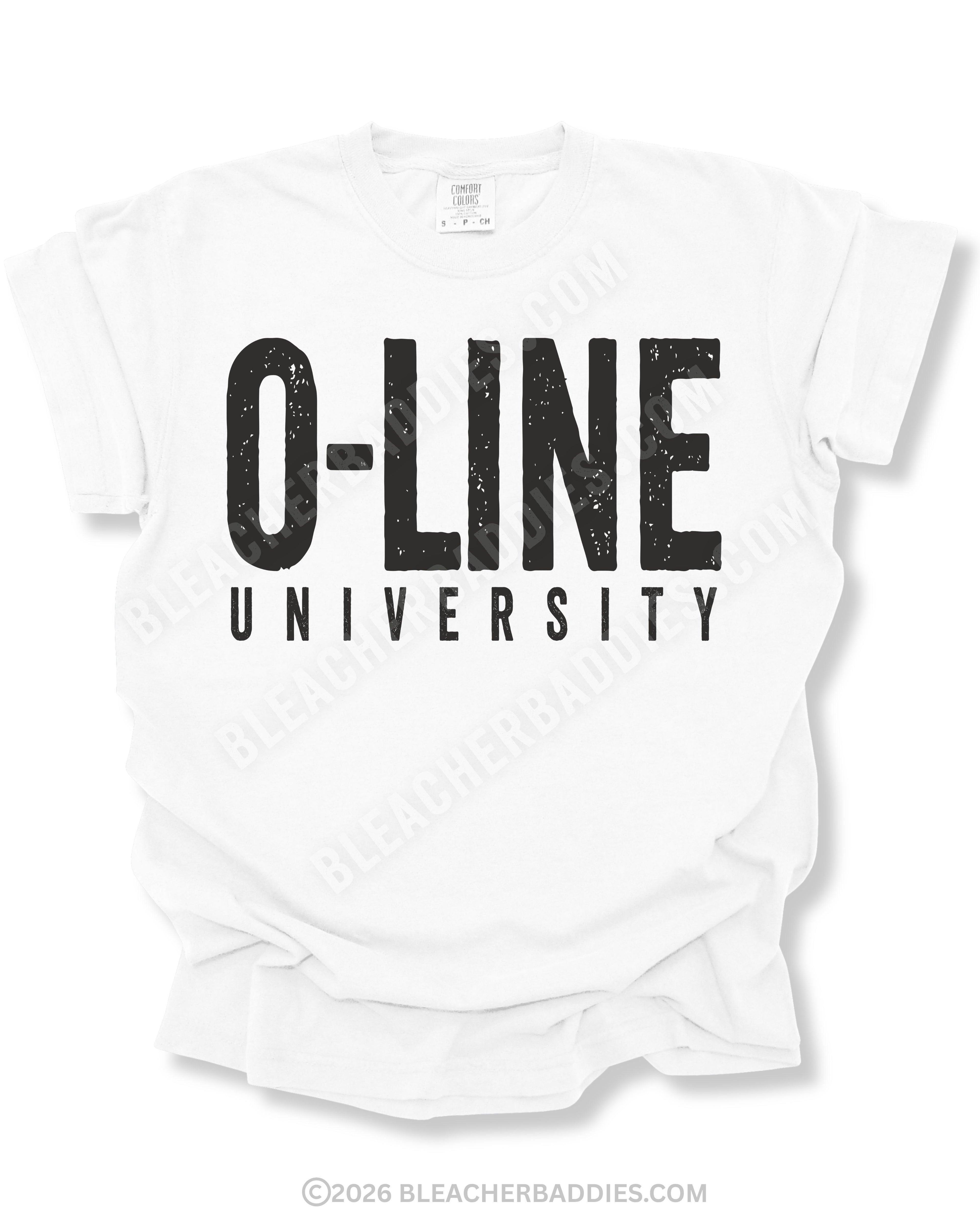 White Comfort Colors football shirt flat lay featuring distressed black text that reads “O-Line University” in oversized distressed-style lettering for offensive linemen and trench players.