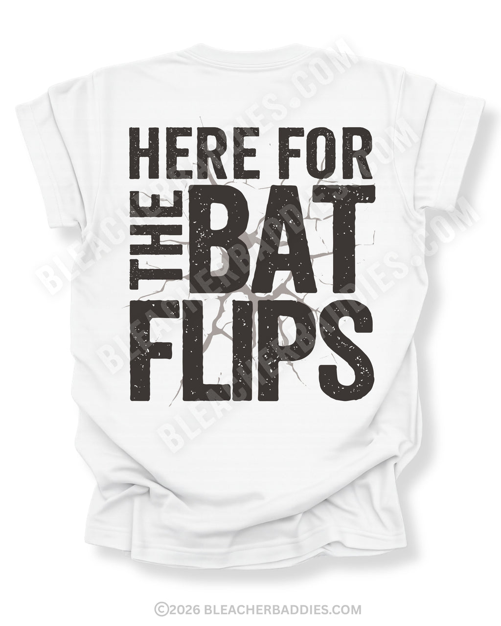 White Comfort Colors baseball mom game day shirt with distressed oversized typography reading “Here For The Bat Flips”