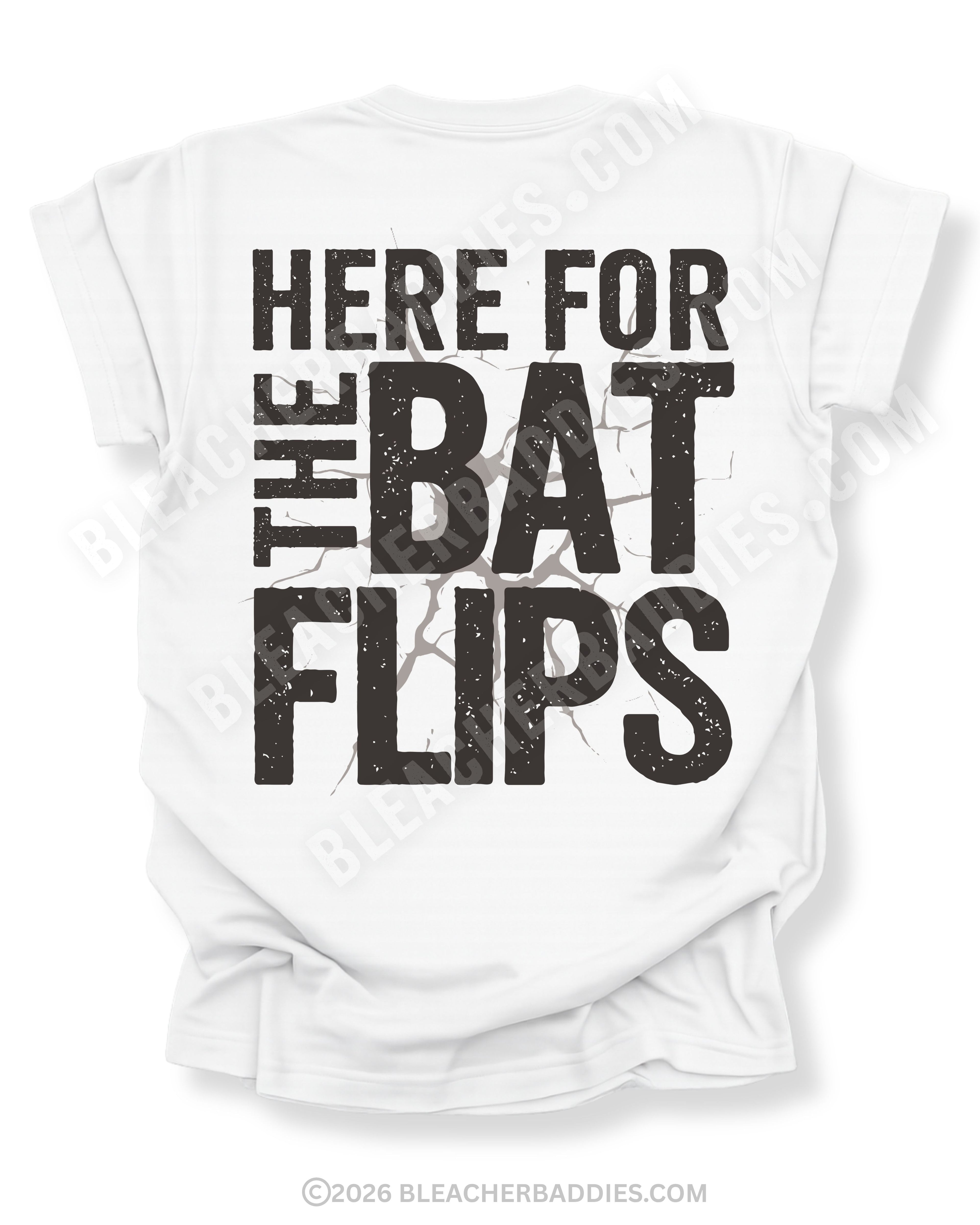 White Comfort Colors baseball mom game day shirt with distressed oversized typography reading “Here For The Bat Flips”