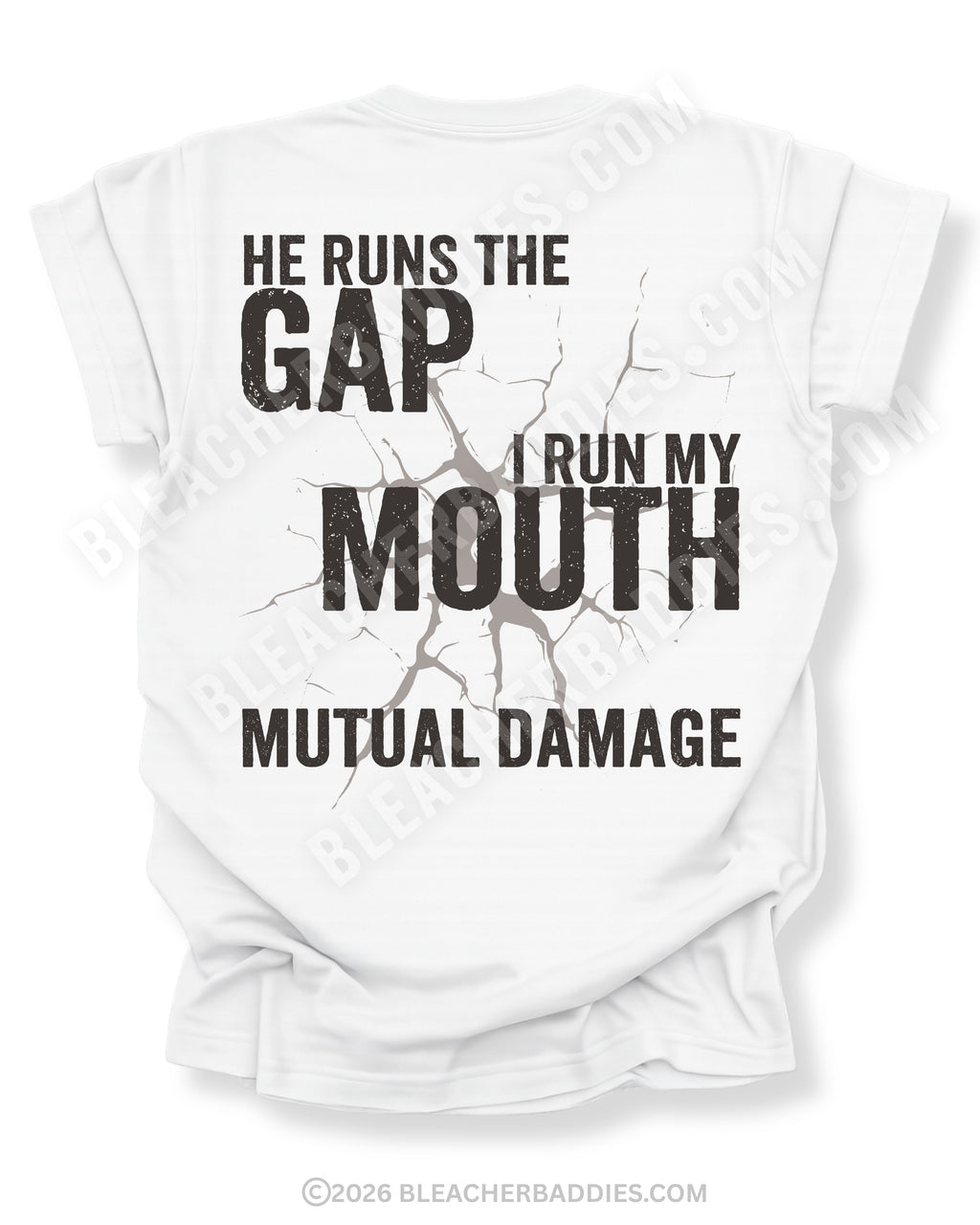 White Comfort Colors football mom game day shirt with “He Runs the Gap I Run My Mouth Mutual Damage” graphic design