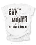 White Comfort Colors football mom game day shirt with “He Runs the Gap I Run My Mouth Mutual Damage” graphic design