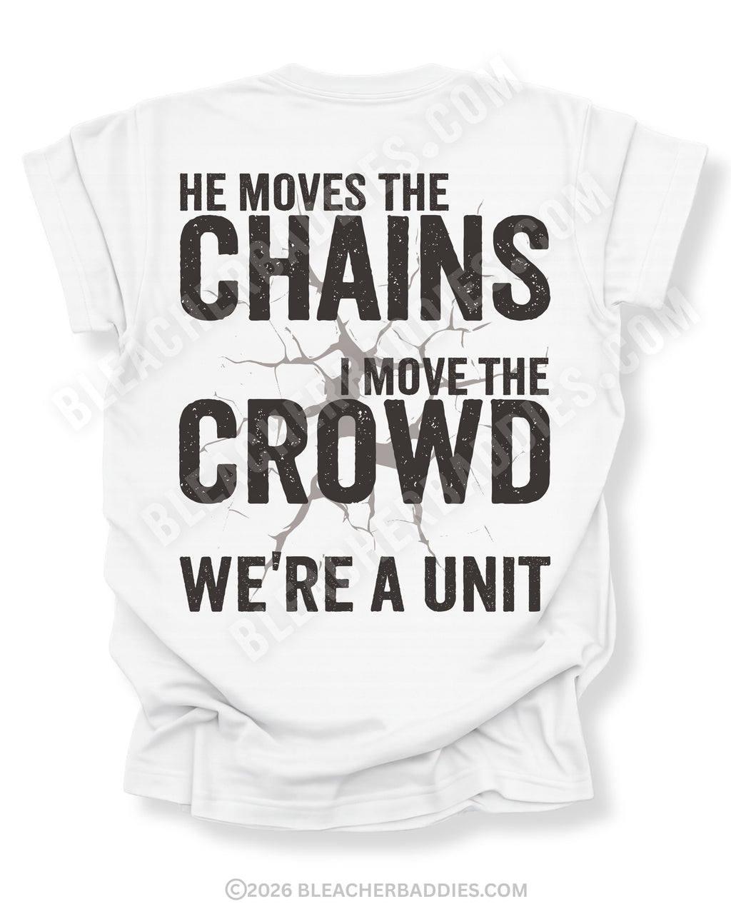 Back view of white Comfort Colors football mom game day shirt featuring “He Moves the Chains I Move the Crowd We’re a Unit” bold graphic design