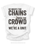 Back view of white Comfort Colors football mom game day shirt featuring “He Moves the Chains I Move the Crowd We’re a Unit” bold graphic design