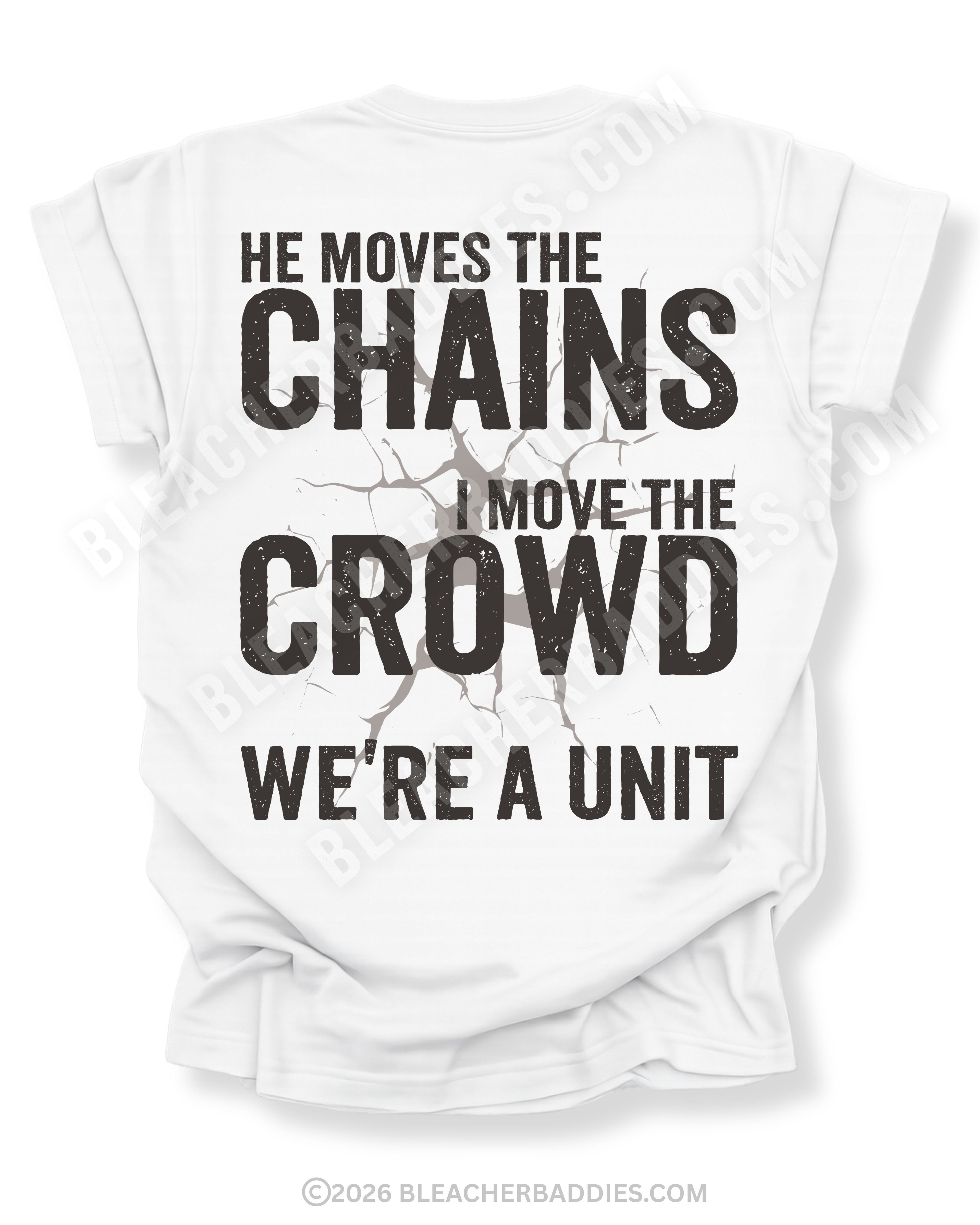 Back view of white Comfort Colors football mom game day shirt featuring “He Moves the Chains I Move the Crowd We’re a Unit” bold graphic design