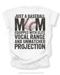White Comfort Colors game day shirt with distressed back graphic reading “Just a Baseball Mom Equipped With Elite Vocal Range and Unmatched Projection” with baseball graphic layered over MOM text