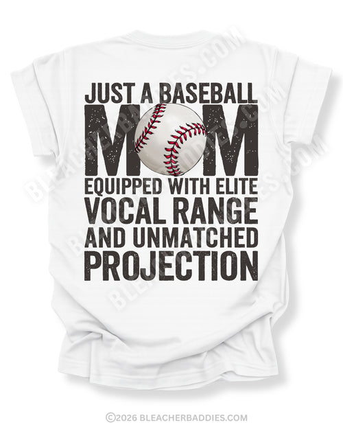 White Comfort Colors game day shirt with distressed back graphic reading “Just a Baseball Mom Equipped With Elite Vocal Range and Unmatched Projection” with baseball graphic layered over MOM text