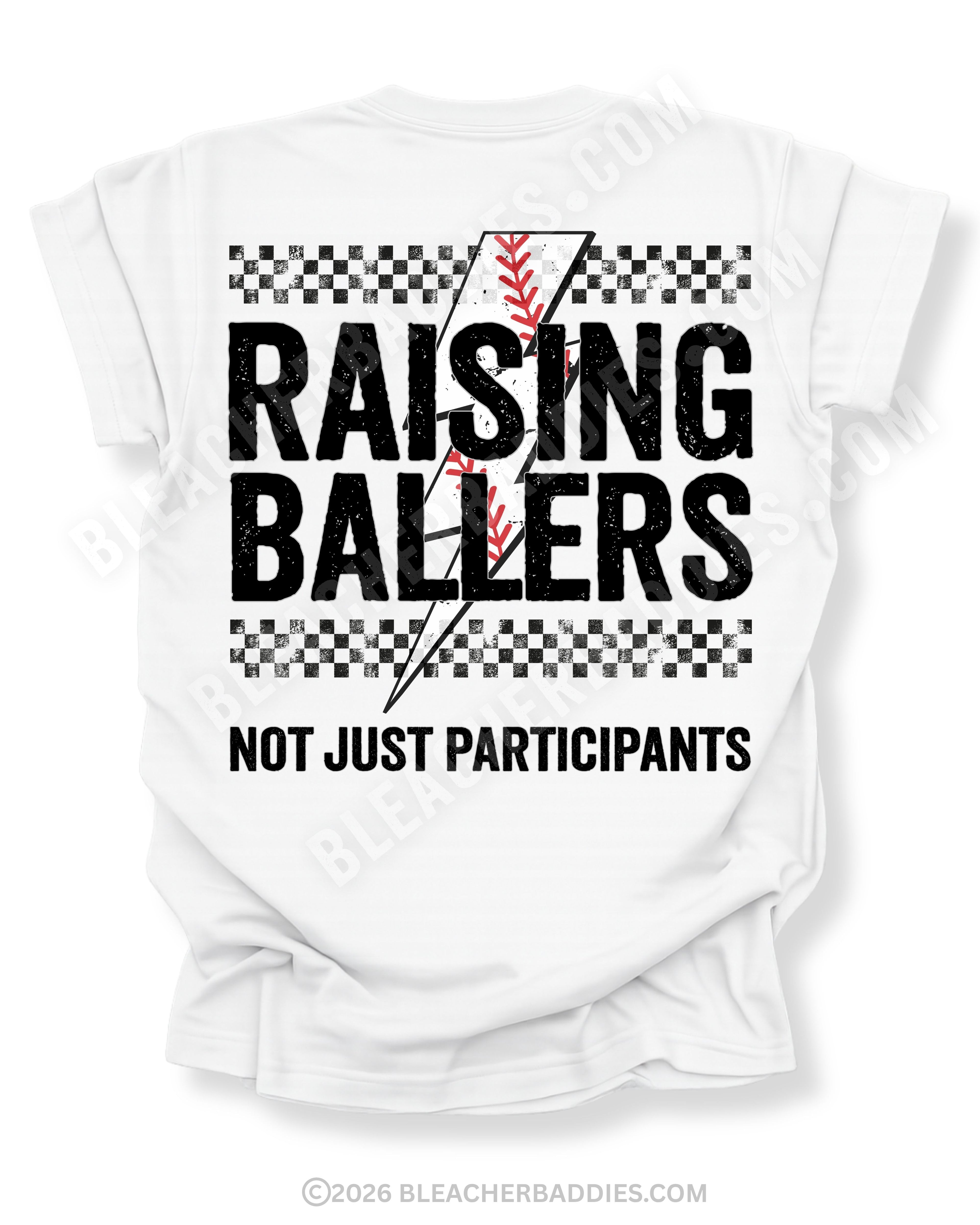 White Comfort Colors baseball mom shirt with distressed Raising Ballers graphic, checkerboard stripe details, red baseball seam design, and “Not Just Participants” wording on the back.