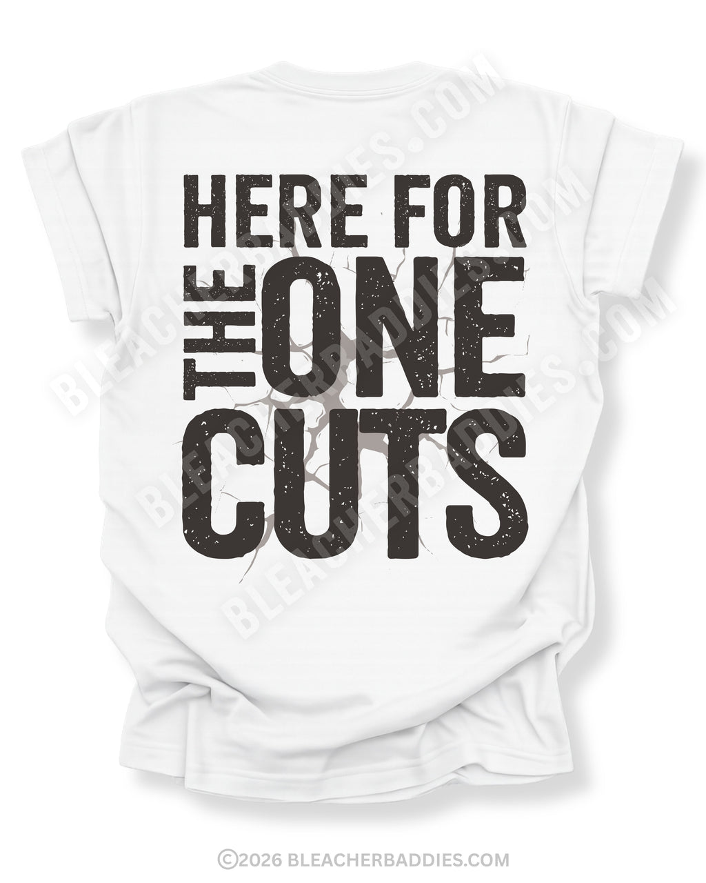 back view of white comfort colors football mom game day shirt with “here for the one cuts” design printed on the back