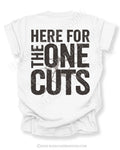 back view of white comfort colors football mom game day shirt with “here for the one cuts” design printed on the back