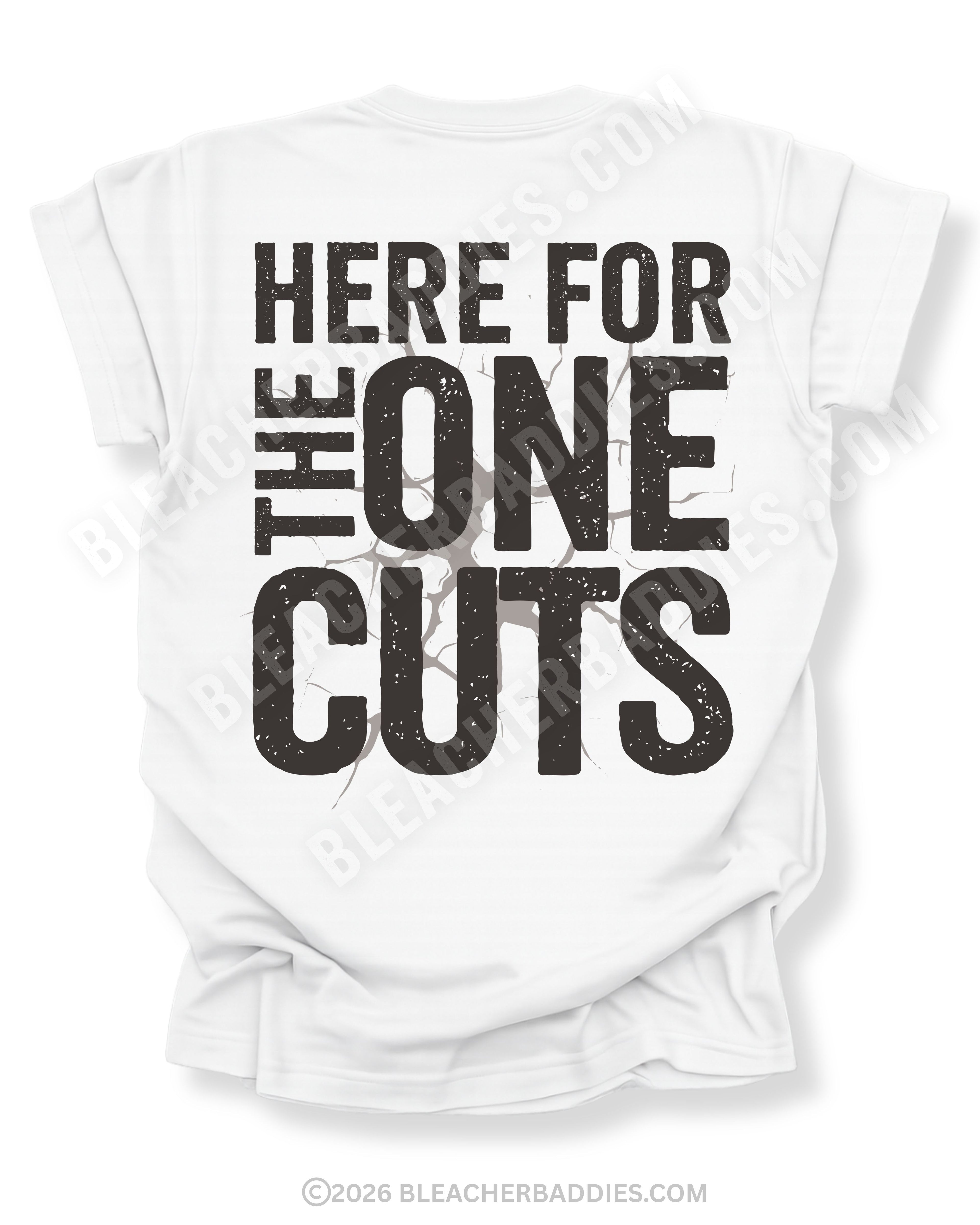 back view of white comfort colors football mom game day shirt with “here for the one cuts” design printed on the back