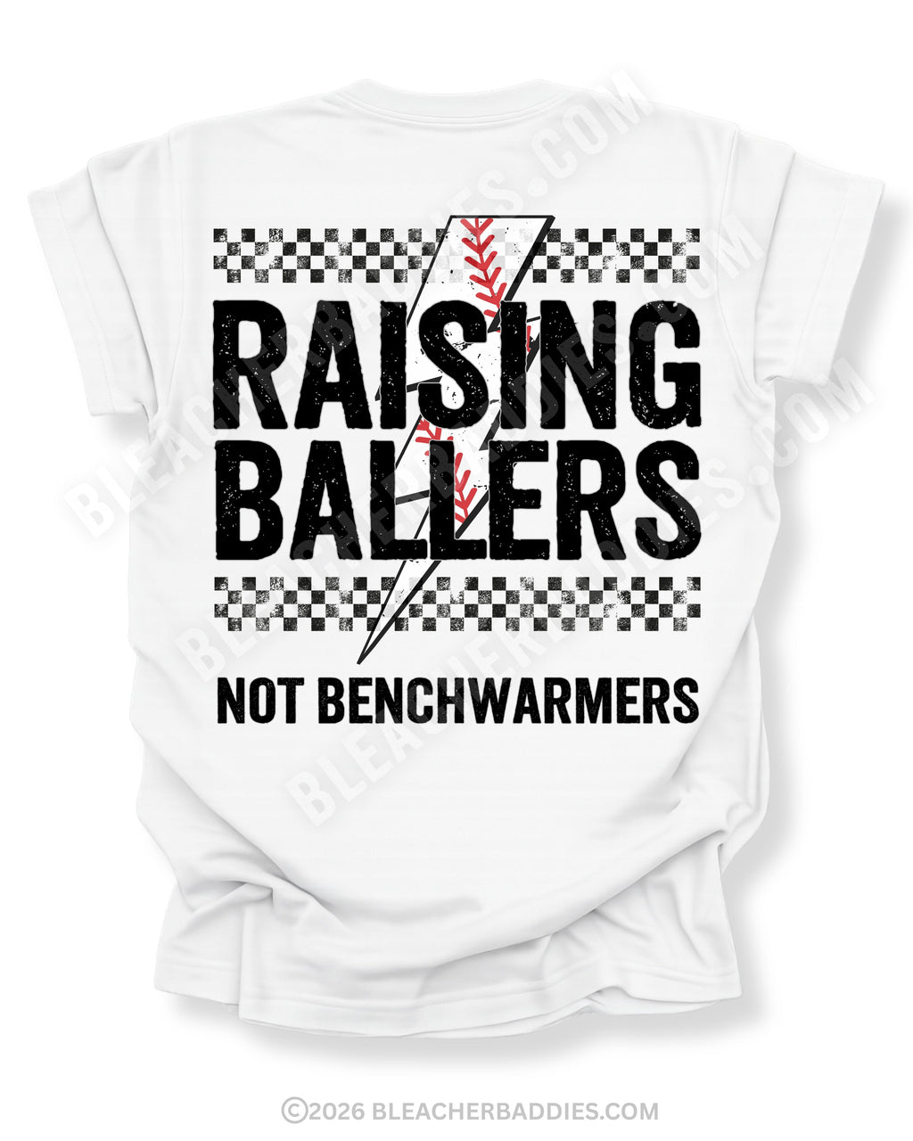 White Comfort Colors baseball mom shirt with distressed Raising Ballers graphic featuring checkerboard details, red baseball stitching, and “Not Benchwarmers” slogan on back design.