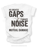 White Comfort Colors football mom game day shirt flat lay with back design that reads “He creates gaps I create noise mutual damage” in distressed black text with cracked impact graphic