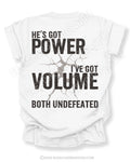 Back view of white Comfort Colors football mom game day shirt reading “He’s Got Power I’ve Got Volume Both Undefeated” graphic design