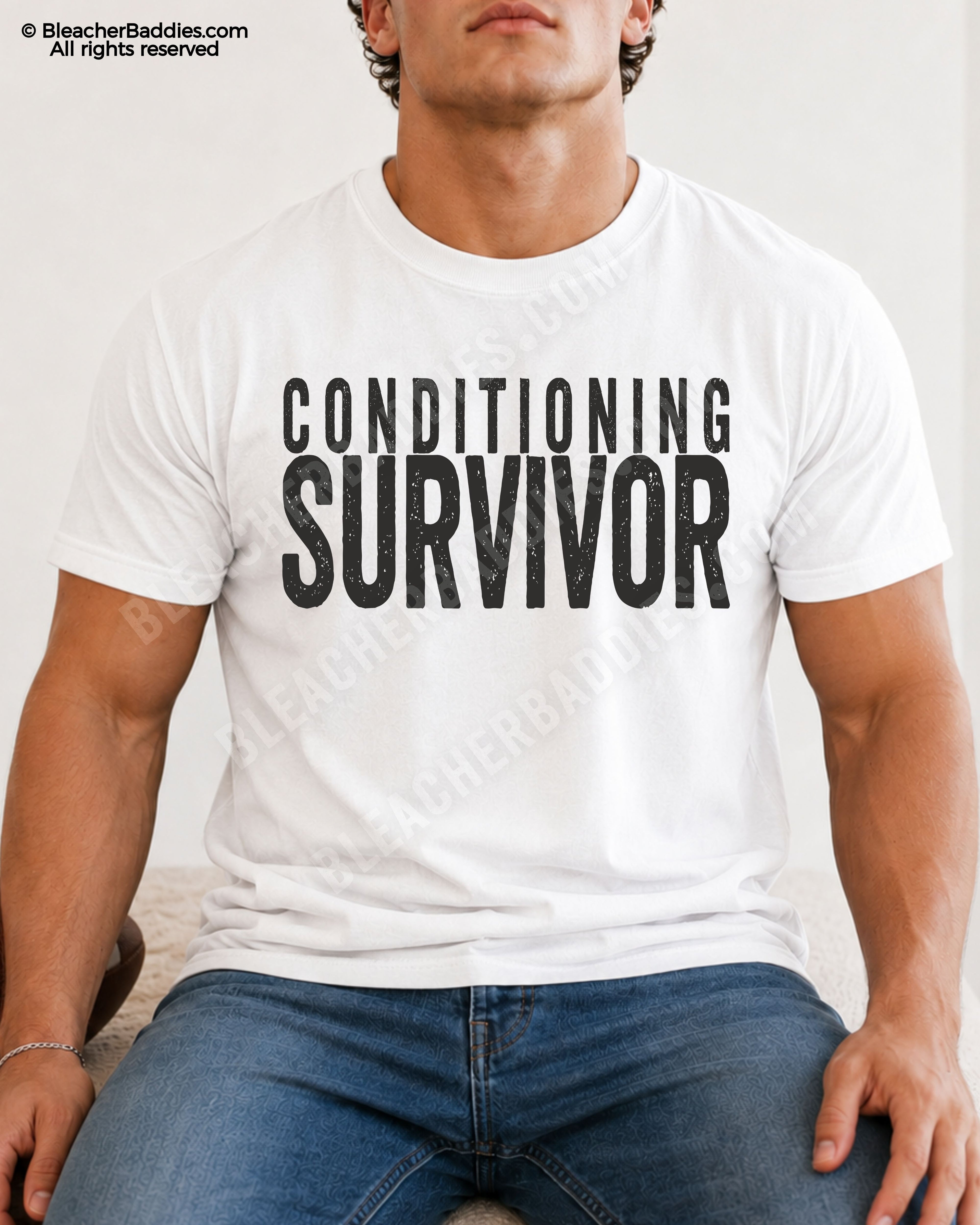 Male football player model wearing a white Comfort Colors “Conditioning Survivor” football shirt with distressed lettering.
