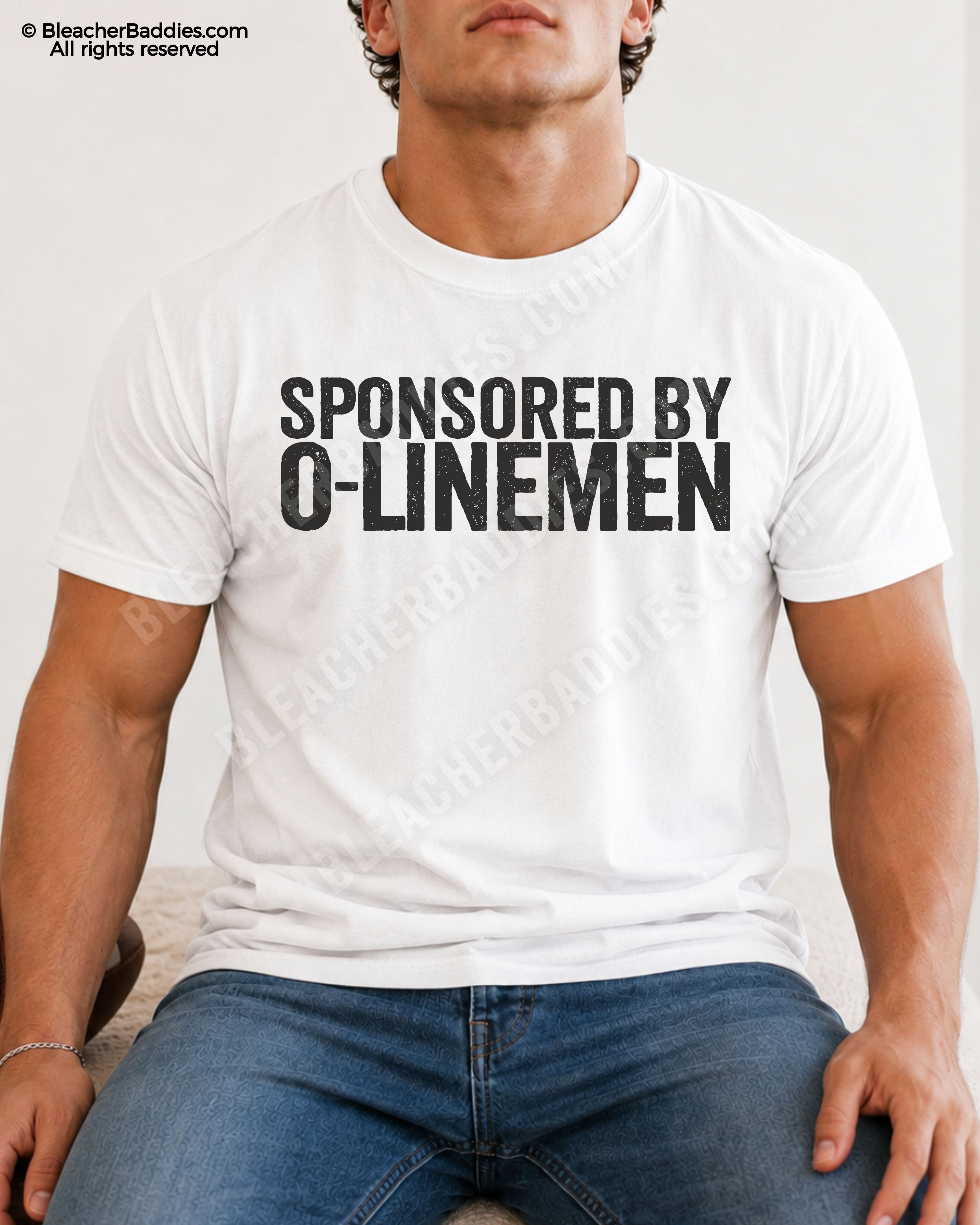 Male model wearing a white Comfort Colors quarterback t-shirt with the funny "Sponsored by O-Linemen" football graphic.