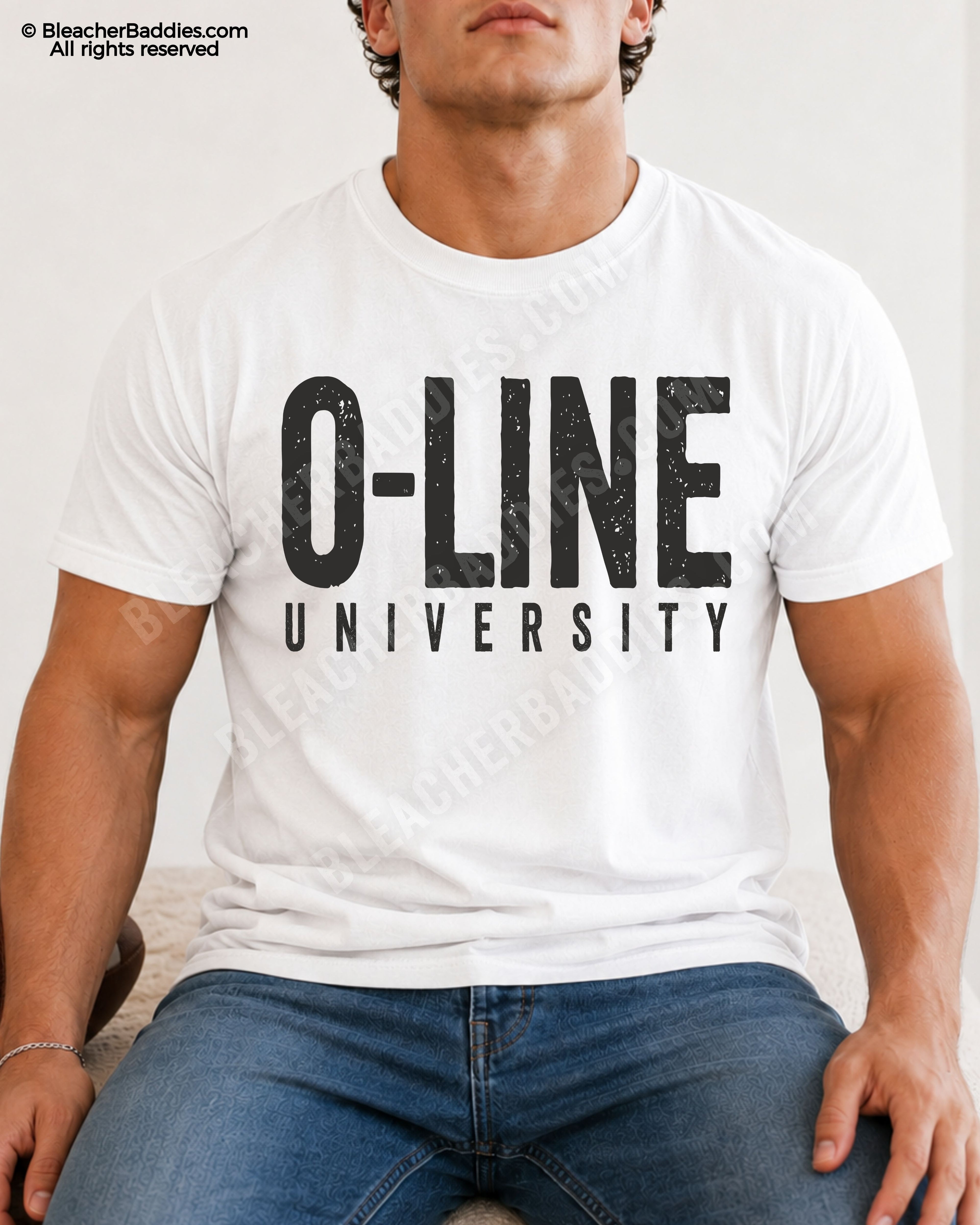 Close-up mockup of a white Comfort Colors football lineman shirt featuring distressed black “O-Line University” text in a distressed athletic design style.