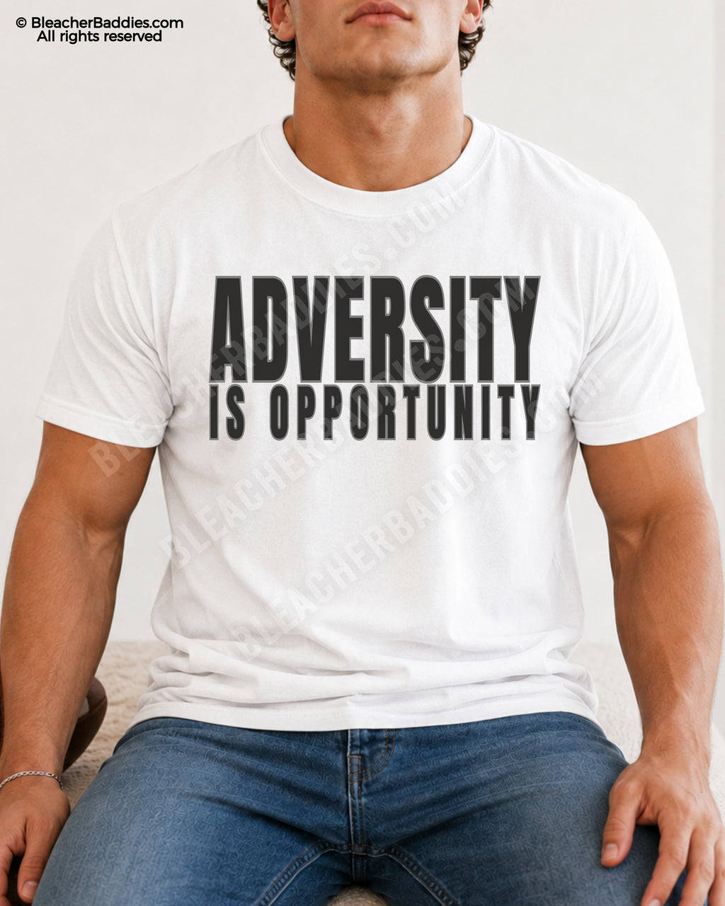 Young male athlete wearing a white “ADVERSITY IS OPPORTUNITY” motivational football graphic t-shirt while sitting indoors in blue jeans with a relaxed athletic pose.