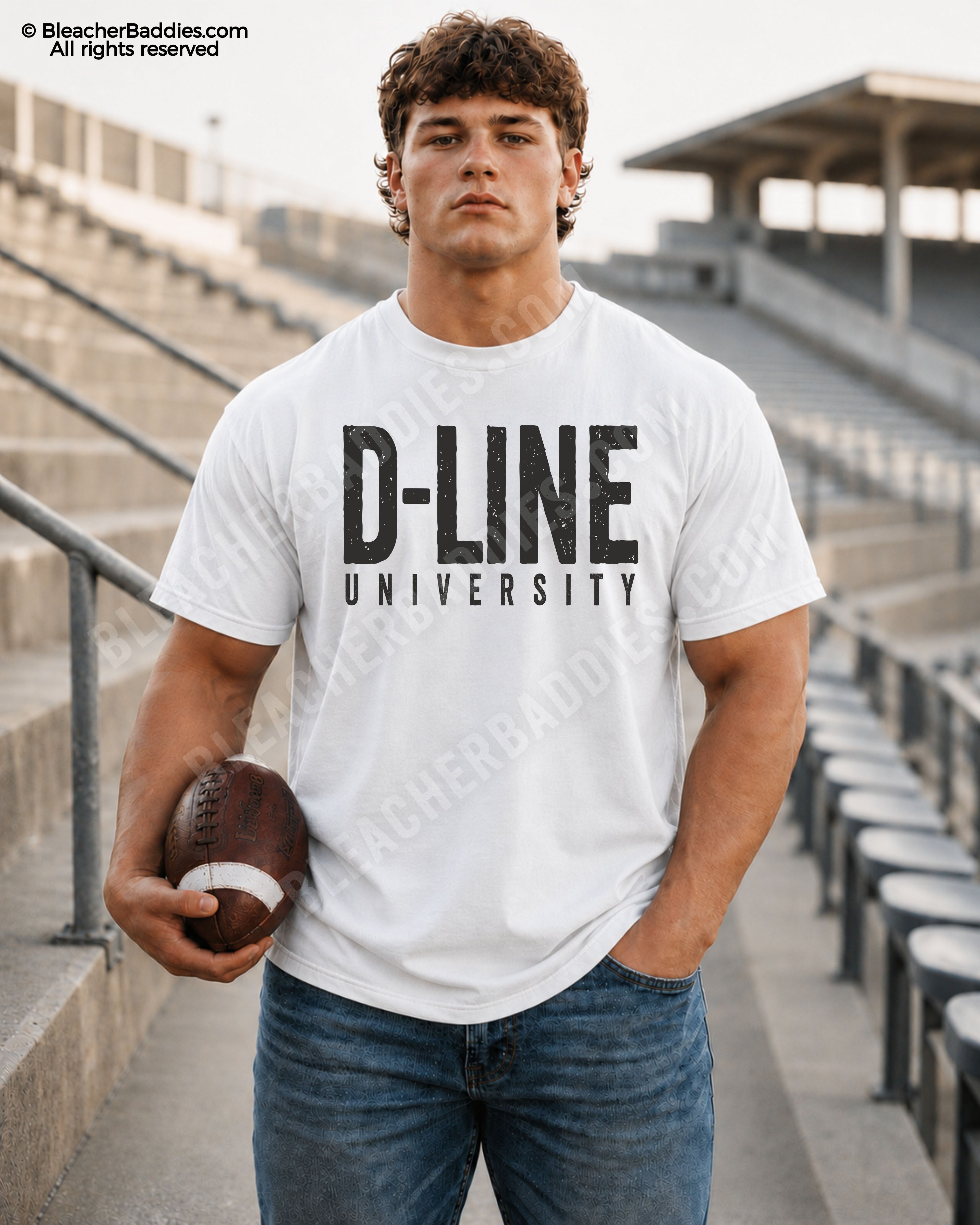Football player model standing in stadium bleachers wearing a white Comfort Colors “D-Line University” game day shirt while holding a football.