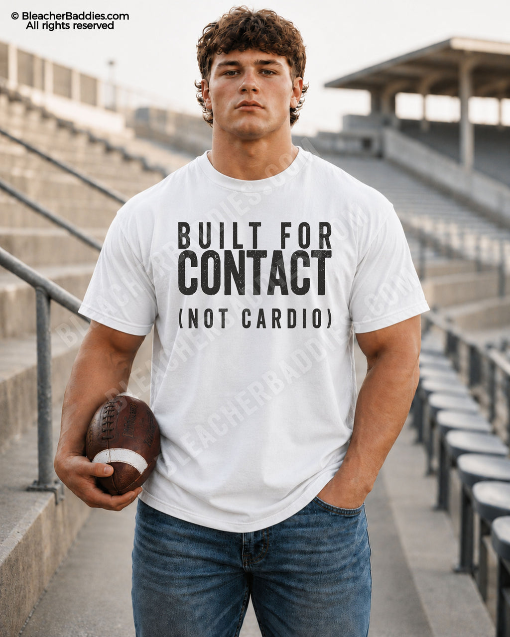 Football player standing in stadium wearing a white Comfort Colors “Built For Contact (Not Cardio)” game day shirt with oversized distressed black lettering and athletic football aesthetic.