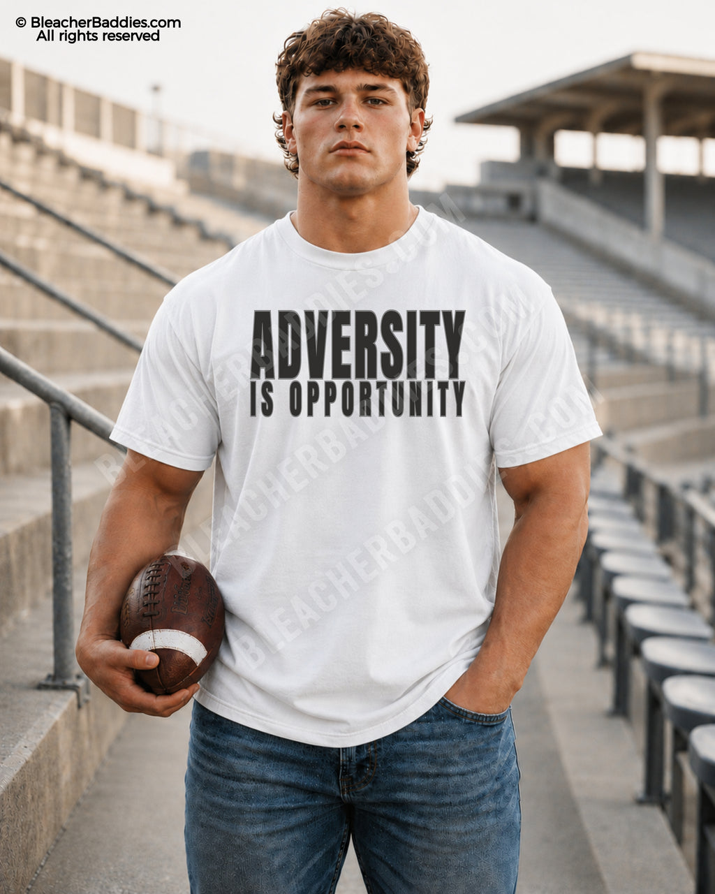 Football player standing in stadium bleachers wearing a white “ADVERSITY IS OPPORTUNITY” athlete mindset graphic t-shirt while holding a football and wearing blue jeans.