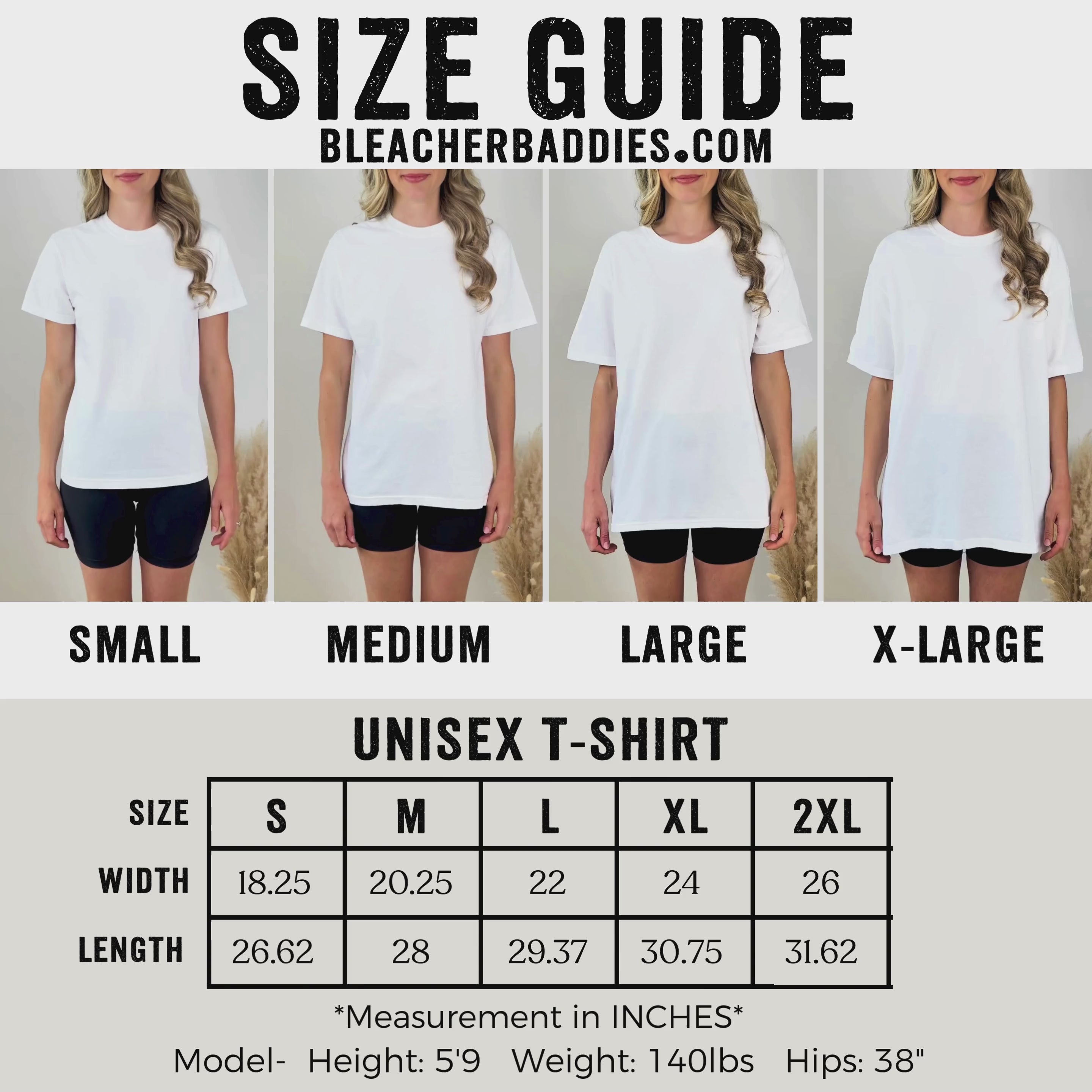 Video of a woman modeling a white t-shirt, showing the fit and sizing from small through XL